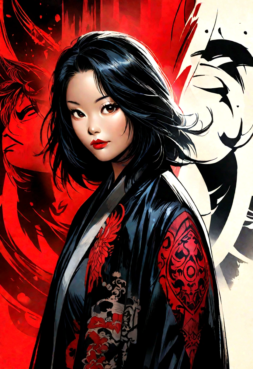 (1girl:1.3), ((black and white)), (hanfu, asian face, geisha), beautiful face, (beautiful kimono), ((zen)), (simple background, paint splash background), good composition, good anatomy, perfect lighting, perfect shading, zen calligraphy, stunning, gorgeous, seductive, dynamic pose, detailed, intricate, (photorealistic:1.35), ((empty hands)), crosshatch:0.2, <lora:Serpieri:0.4>, (SFW), ((art by adam hughes)), (masterpiece, award winning, best quality:1.3),