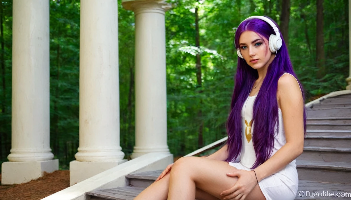 HDR, BETTER IMAGE, WOMAN WITH GREEN EYES, FULL BODY IMAGE, WITH SMALL HEADPHONES, LISTENING TO MUSIC, LONG PURPLE STRAIGHT HAIR, NATURE, FOREST, IVORY HOUSE WITH GOLD, IVORY COLUMN WITH GOLD, YOUTUBE SYMBOL