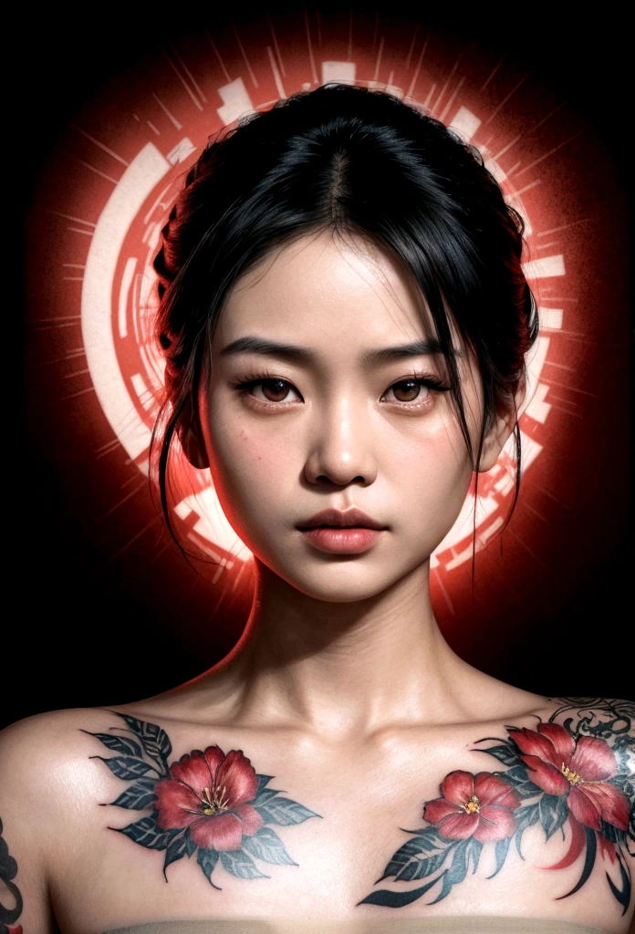 Movie poster featuring tattooed Asian woman, In a radical digital illustration style, Light red, Rap aesthetics, Fabian Perez, Fragmented realism, David Michael Bowles, High contrast chiaroscuro