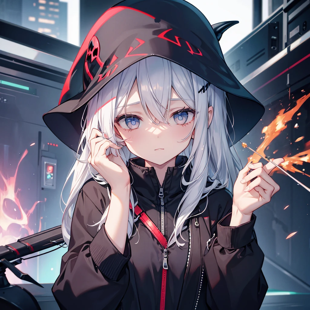 (((Grim Reaper's Scythe))) (((Gray Hair Short Hair blue eyes girl))),((night full moon My own big wings)),(Wearing a hood Black camisole Purple light), A tense look Shining Background Shining Edge
