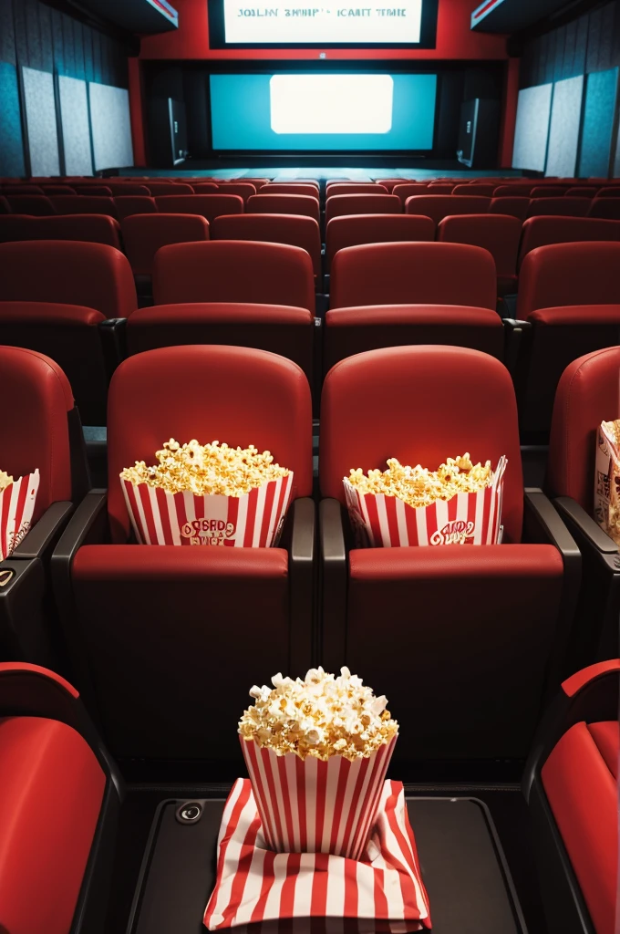An empty cinema seat with a striped bag of popcorn on top,a clapper board together