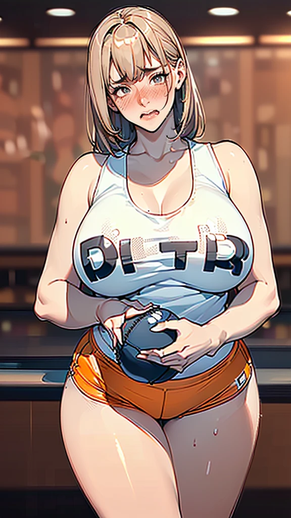 masterpiece,highest quality,Very detailed,High resolution,8k,wallpaper,Perfect lighting,break(One Woman),(Mature woman working as a waiter at a sports bar:1.5),(48 years old),(hooters),(((A very form fitting white tank top:1.5))),((The tank top has the logo of a sports bar on it.:1.5)),(((tiny orange shorts))),(((very pretty 1.5))),(Beautiful Eyes:1.5),(Detailed face drawing:1.5),(Detailed face drawing:1.5),((Very detailed:1.5)),(Shiny skin:1.2),(gigantic Breasts:1.5),(Thick thighs:1.5),(Sensual body:1.5),(Sports bar background:1.5),(((Blur the background:1.5))),((( embarrassed:1.5))), a logo of a bar on her shirt, hard nipples 