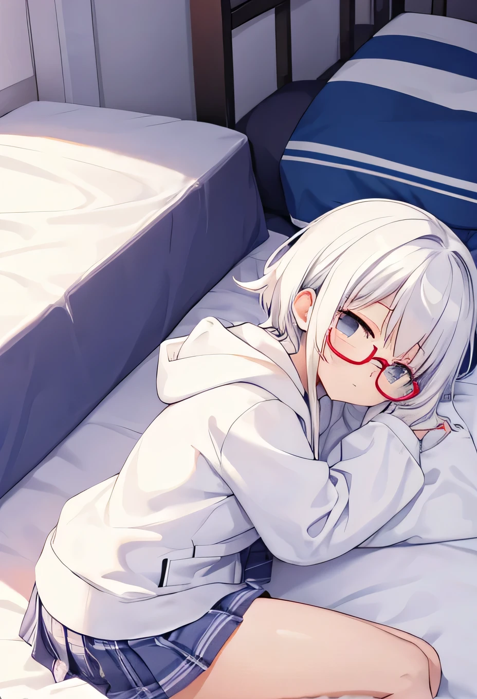 bed、Glasses、cute、Embarrassed face、Moe sleeves、white hair、White panties、Lying down、Crossing your legs、Low - Angle、hoodie、skirt、Lying on your back