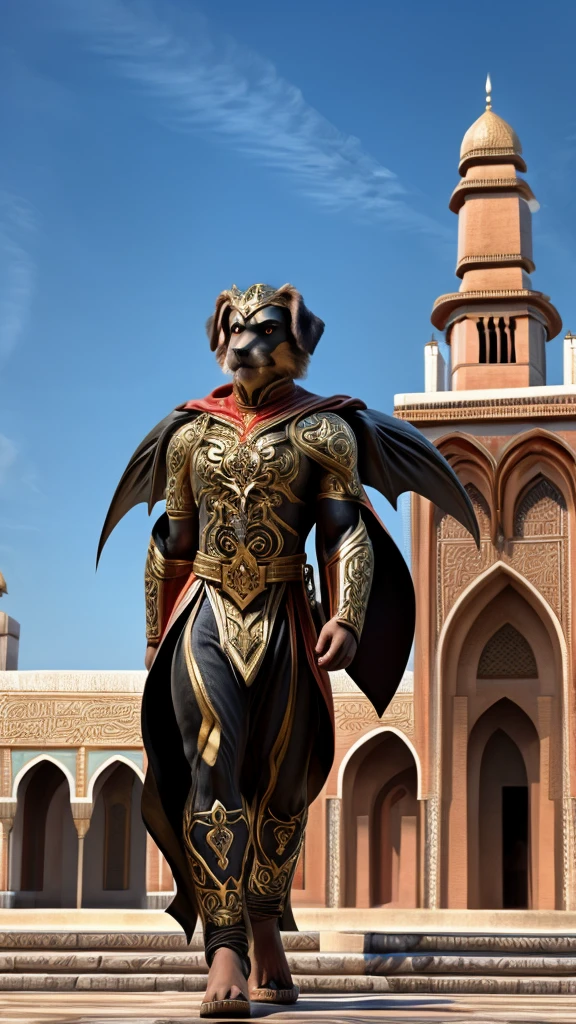 Photorealistic images of Indonesia's Acehnese superheroes, their sleek, Renaissance-inspired costumes, decorated with intricate traditional Acehnese patterns, look majestic against the backdrop of Aceh's Grand Mosque. The superhero's sharp eyes survey the bustling city of Aceh, his strong wings shadowing the iconic buildings
