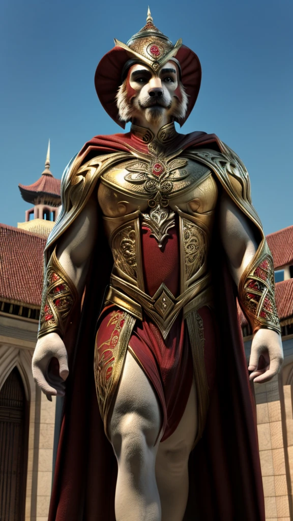 Photorealistic images of Indonesia's Acehnese superheroes, their sleek, Renaissance-inspired costumes, decorated with intricate traditional Acehnese patterns, look majestic against the backdrop of Aceh's Grand Mosque.  The superhero's sharp eyes survey the bustling city of Aceh, his strong wings shadowing the iconic buildings