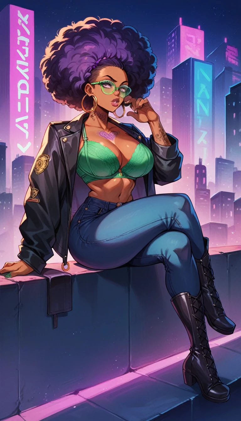 beautyful strong african woman, huge full afro purple hair, black jacket, green bra, black boots, hoop earring, green aviator glasses, purple chocker, dragon tattoo, night, purple lights, black jeans, full lips, sit, crossed legs, city, closeup