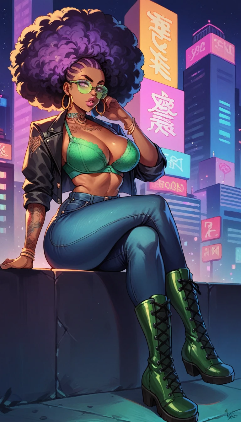 beautyful strong african woman, huge full afro purple hair, black jacket, green bra, black boots, hoop earring, green aviator glasses, purple chocker, dragon tattoo, night, purple lights, black jeans, full lips, sit, crossed legs, city, closeup
