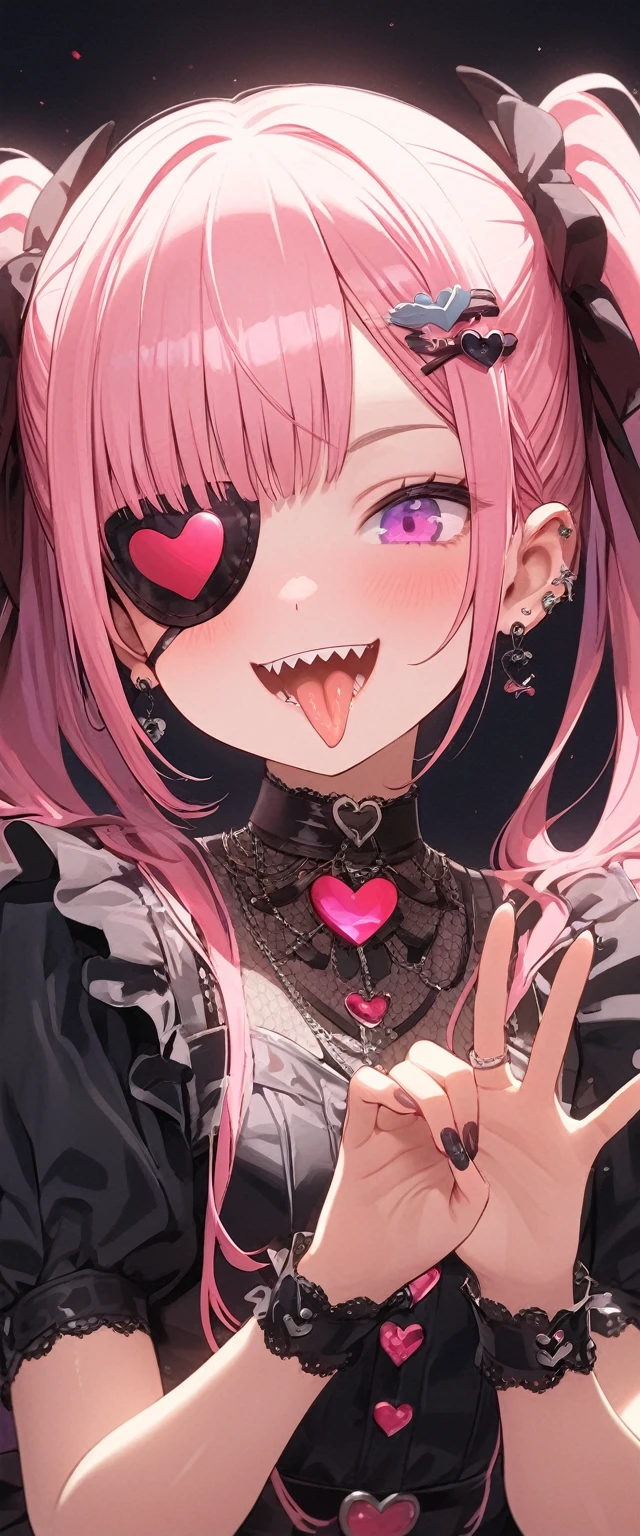 ,Women in completely different expressions\((cute,Eye patch\(very cute, Gothic Fashion,heart mark\):1.3),12 years old,(Side view:0.3),skin\(white,青whiteい,Smooth,Silky,Shiny\),eye\(beautiful,Many star-shaped highlights\),Putting on makeup\(pink\),(Wicked Smile:1.3),Open your mouth,Sharp teeth,Long Tongue,hair\(pink,Twin tails,floating,Rolled up,detailed,Shiny\),hairclip\(heart\),Costumes\(pink (frills) dress\),eye尻\(pink:1.3\),(narrow eye),very cute pose,(chest:1.3),開いたchestの谷間, cute hand sign,Many accessories\), break ,background\(Harajuku\(Tokyo,Japan\),At night,cute,Fancy,dark\), break ,quality\(8K,wallpaper of extremely detailed CG unit, masterpiece,High resolution,top-quality,top-quality real texture skin,Surreal,Increase the resolution,RAW Photos,最高quality,highly detailed,wallpaper,Cinema Lighting,Ray-tracing,Golden Ratio\),(Dynamic Angle),(Face close-up:1.8),Looking down at the viewer,From below,Better Hands