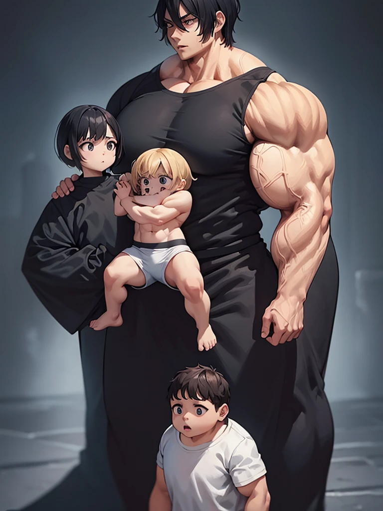 Woman in black bikini and small man in white shirt, weak and small man, thin and small physique, Very beauthful. , ,weak and defenseless man, small physique, , muscular ultraviolent woman, muscular and scary, absurdly huge physique, big muscles, extremely muscular woman,