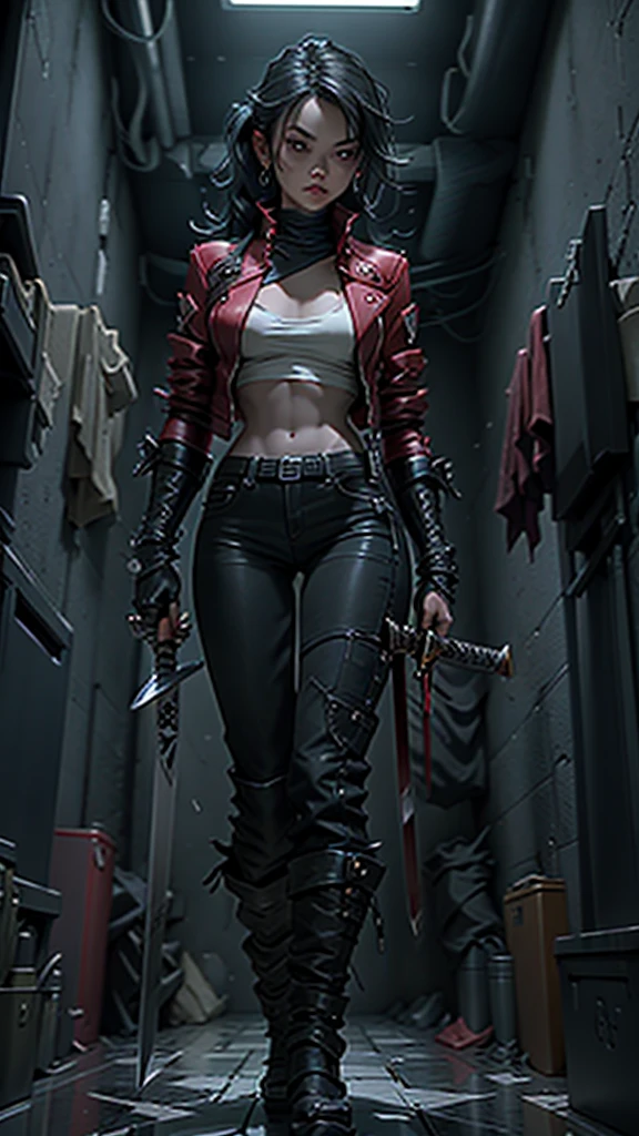 a woman holding a sword in a dark room, 2. 5 d cgi anime fantasy artwork, holding a black katana, stuning fantasy 3 d render, holding katana, unreal engine character art, unsheathing her katana, she is holding a katana sword, yasuke 5 0 0 px models, dramatic wielding katana pose, holding a katana, background color smoked, Red leather jacket.