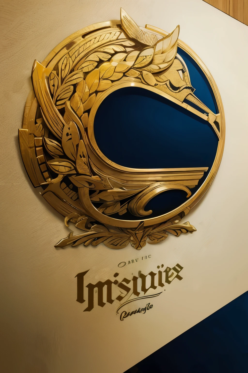 um close de uma parede branca com um logotype dourado, imperial, danger, imperious, logotype corporativo, empire, simple logo, logotype, logotype design, logotype minimalista, empire, escrito empire consórcio