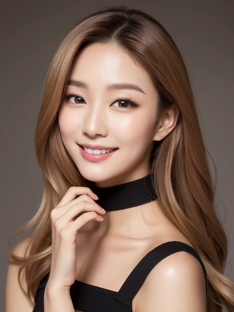 (top-quality、8K、32K、masterpiece、nffsw:1.2)、1 girl in、beautfull Japanease woman、((Golden hair))、Fancy makeup、thin-waist、Beautiful Women in Perfect Style:1.4、Colossal tits:1.3、finerly detailed face、A smile、tube dress、breastsout、 Put your hands on your hips