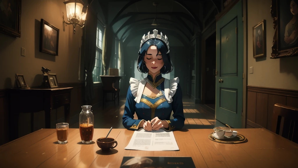 (masterpiece, Best quality:1.2), complex parts, (((pixel perfect, perfect in detail))), One, 1 girl, REM sleep, Roswaal Mansion Maid Uniform, maid headdress, Looking at the viewer, smile, masterpiece,Best quality,1 girl,REM sleep,blue hair,short hair,hair over one eye,hair ornament,maid,sitting on the table,near the wall,closed eyes,sleep,USA,