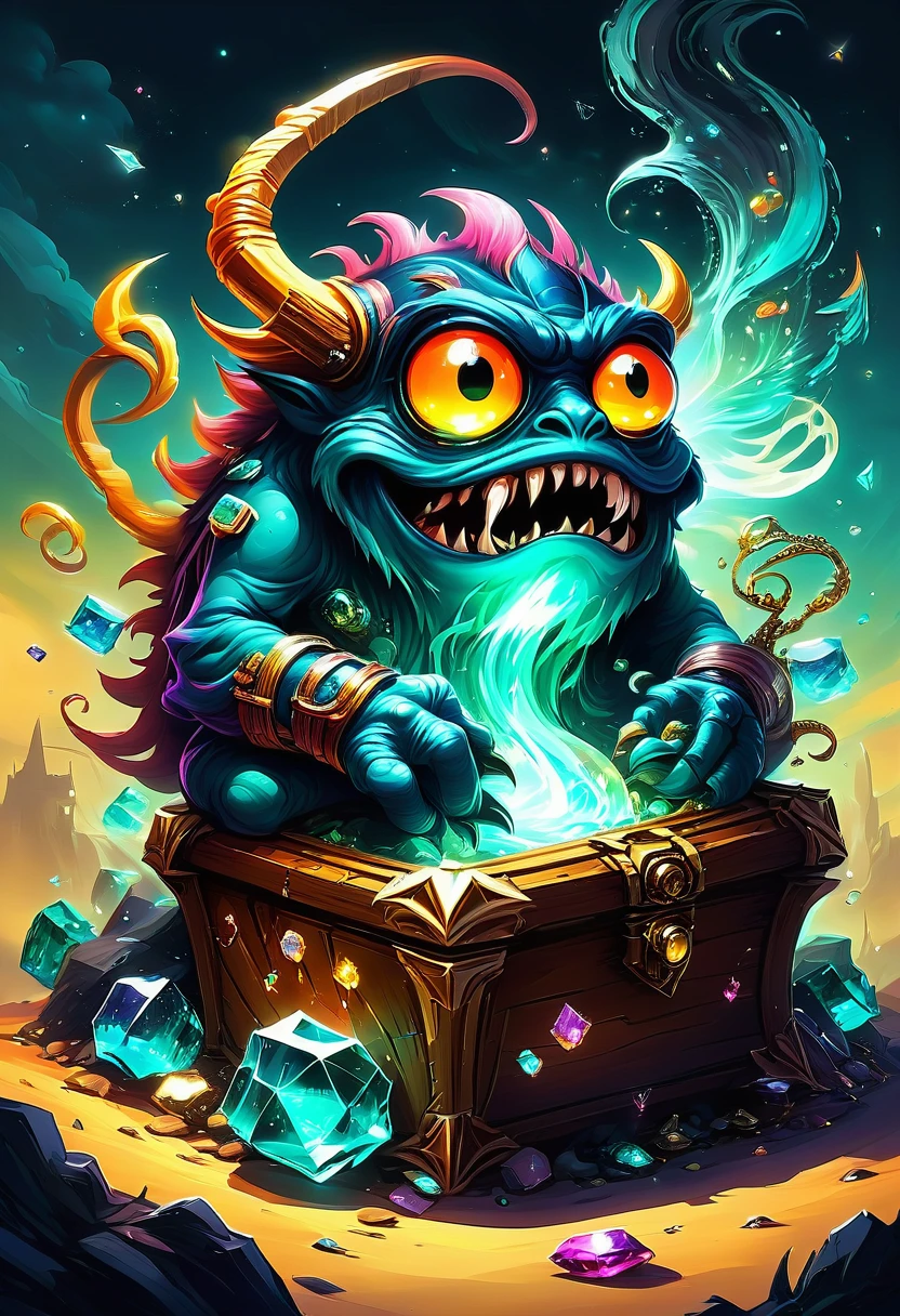 Mimic Treasure Box Monster. Scattered jewelry, by Cyril Rolando, best quality, masterpiece, very aesthetic, perfect composition, intricate details, ultra-detailed