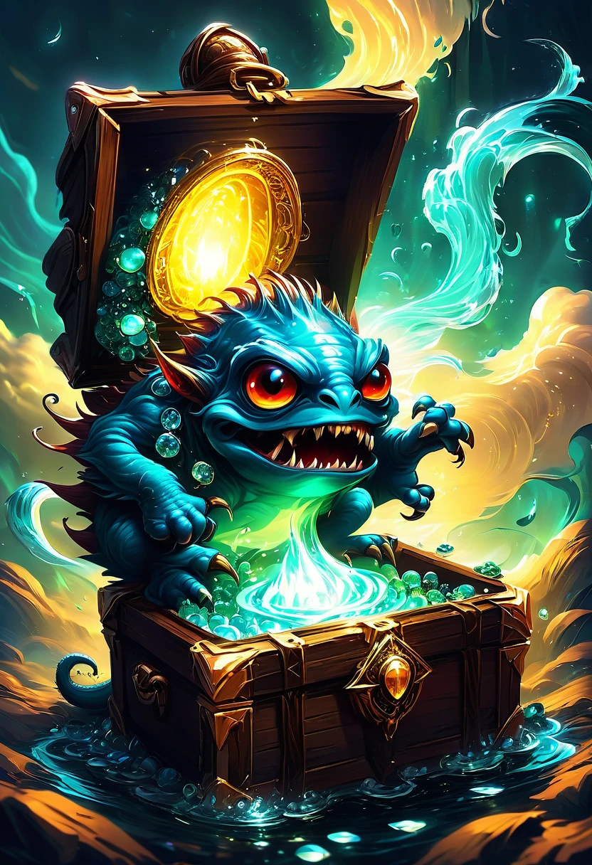 Mimic Treasure Box Monster. Scattered jewelry, by Cyril Rolando, best quality, masterpiece, very aesthetic, perfect composition, intricate details, ultra-detailed