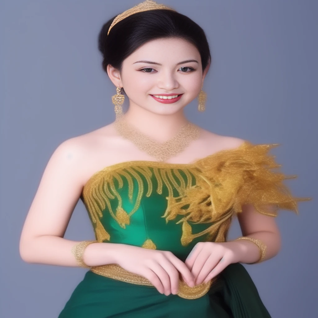 arafed woman in a traditional thai costume standing next to a table, Sukhothai dress, traditional beauty, traditional dress, Wear elegant clothes, According to Thawan Duchanee's style, Southeast Asia that has existed for a long time, traditional clothes, traditional tai costume, Wear luxurious clothes, traditional, Wear a luxurious tribal outfit., traditional clothing, Covered with purple and gold silk., 8K, 45,000,000 pixcls,