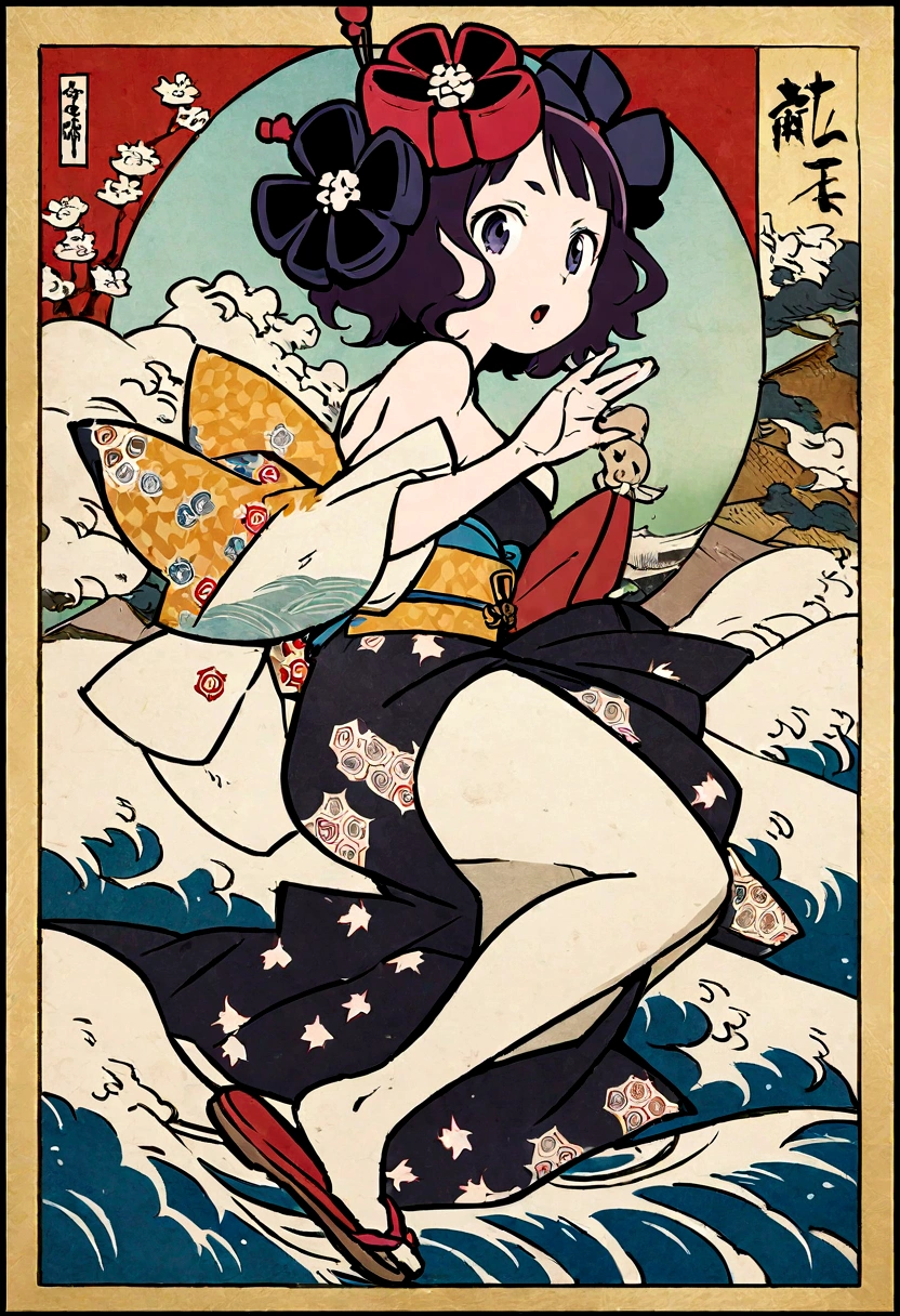 Exciting, bouncy feeling, Ukiyo-e, Katsushika Hokusai, Japan Ghibli anime illustration、