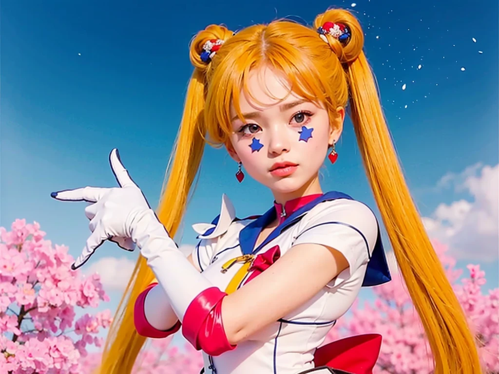 blonde young woman with long pigtails, wearing white suit with blue collar and red details, white gloves, blue and pink space background
