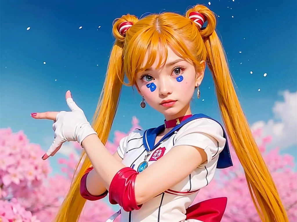 blonde young woman with long pigtails, wearing white suit with blue collar and red details, white gloves, blue and pink space background