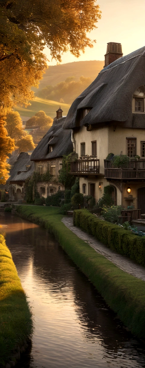 Outdoors in golden hour background village,
(Fujifilm 16K) ,hyper realist, intricate detail, autolevel, tenebrosa, art nouveau, dramatic, desaturated, (expansive), intricate