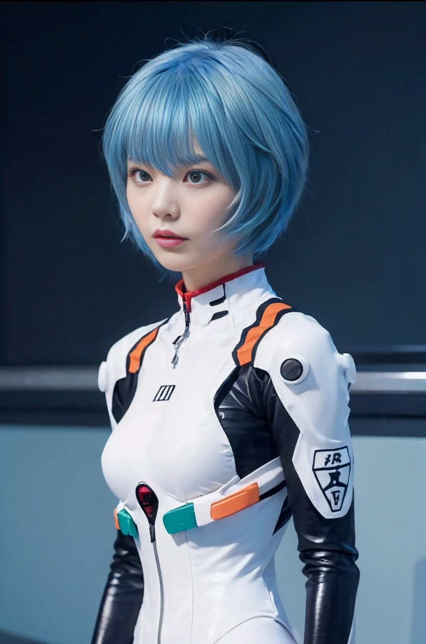 (Best Quality, hight resolution, masutepiece:1.2), 1girl in, Ayanamirei, bob cuts, plugsuit, Upper body view、Interface headset, Background, Light blue hair color, deadpan, full-face blush, embarrassed, Looking at Viewer