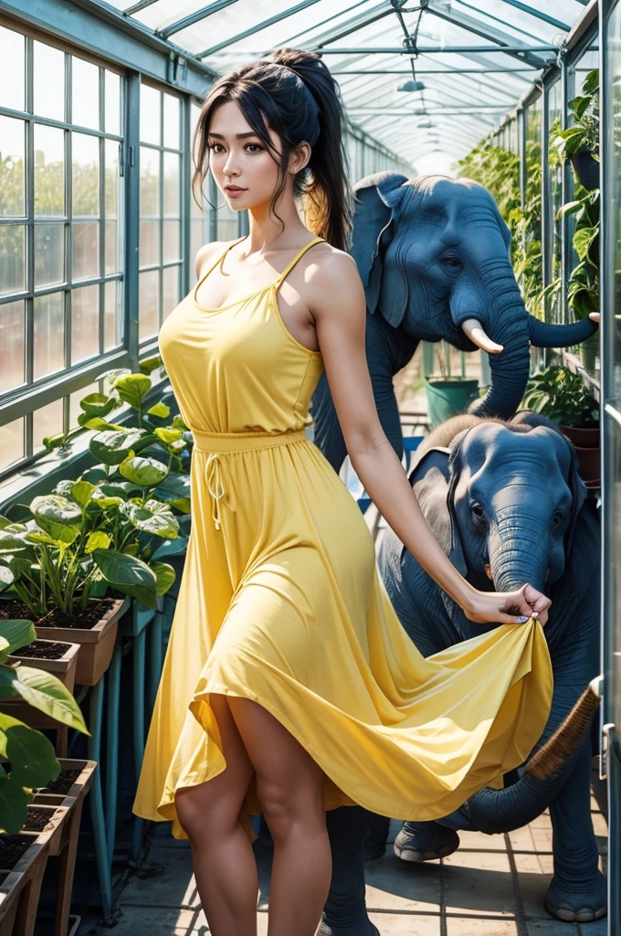 30 year old woman from Saturn, thick athletic body, beautiful, cute, light blue long ponytail hair, in greenhouse, photoshoot, wearing yellow sundress, with tiny elephant