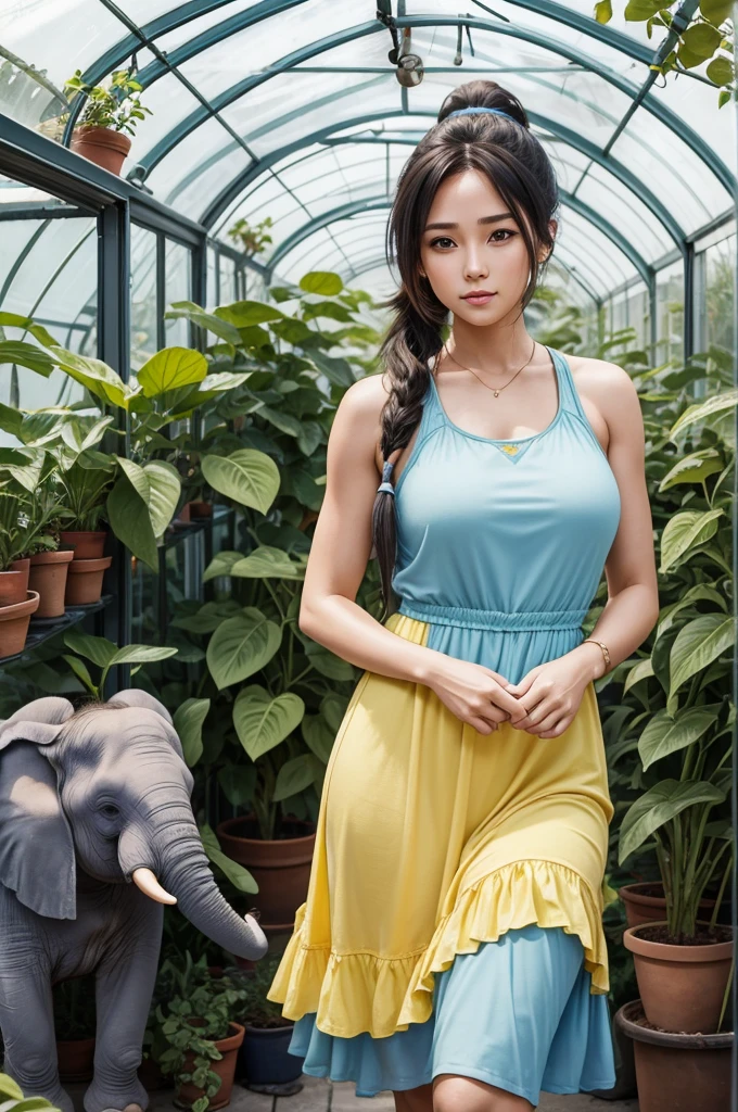 30 year old woman from Saturn, thick athletic body, beautiful, cute, light blue long ponytail hair, in greenhouse, photoshoot, wearing yellow sundress, with tiny elephant