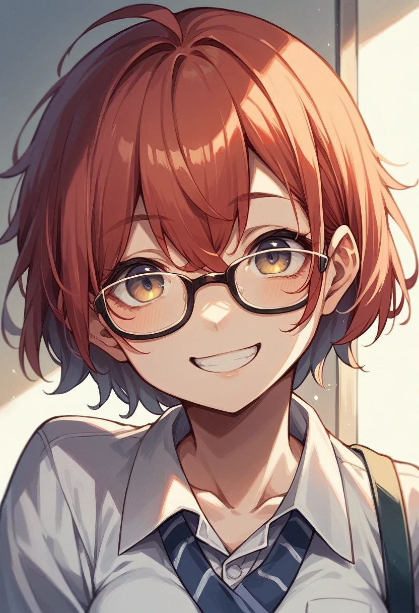1 girl, short red hair, glasses, parts, mono, smiling,