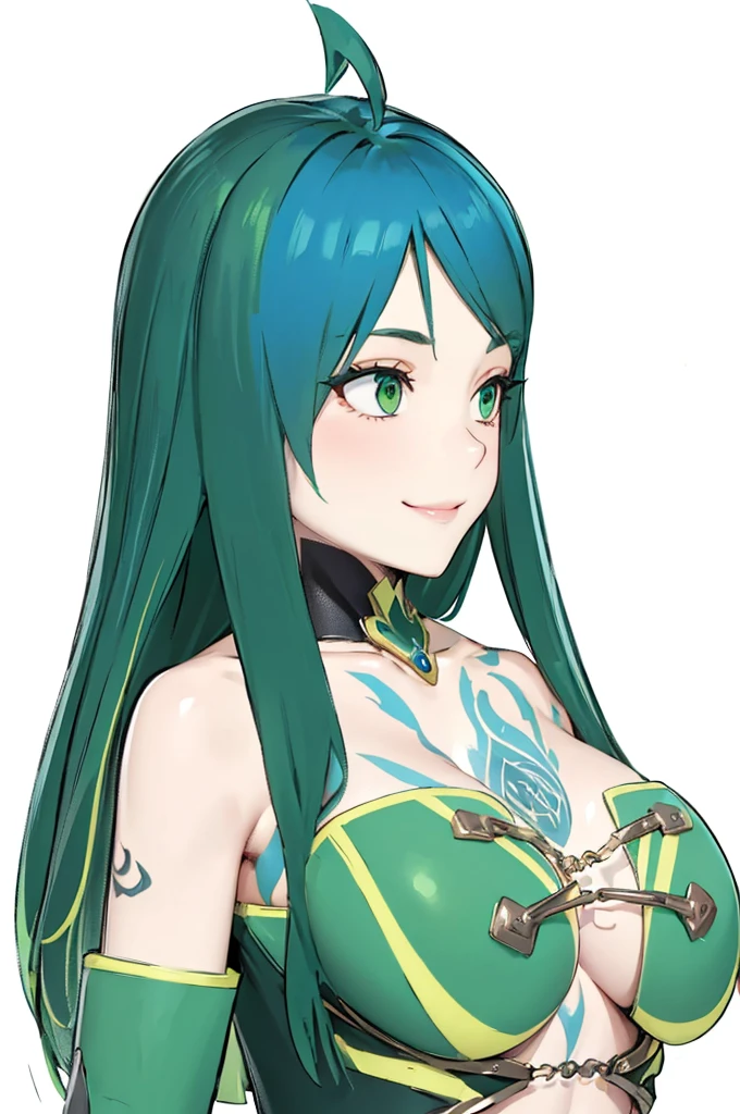 Beauty,adult,Fearless smile,Green Long Hair,Tattoo on chest,(Jewelry on the chest:1.3),Cleavage,Green Eyes,dress,4K,8K,Highest quality