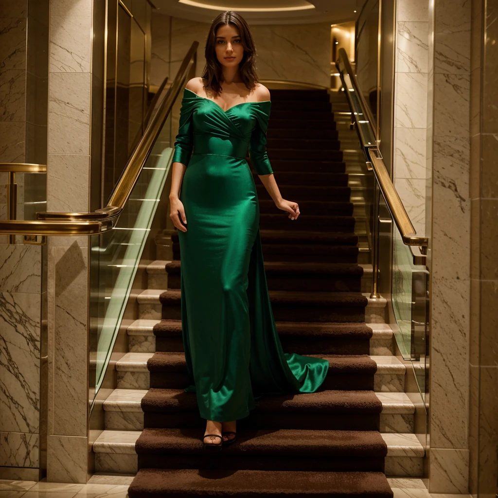 wife, 25 ans brune, in evening dress, robe de soirée verte, on the stairs of a luxury hotel