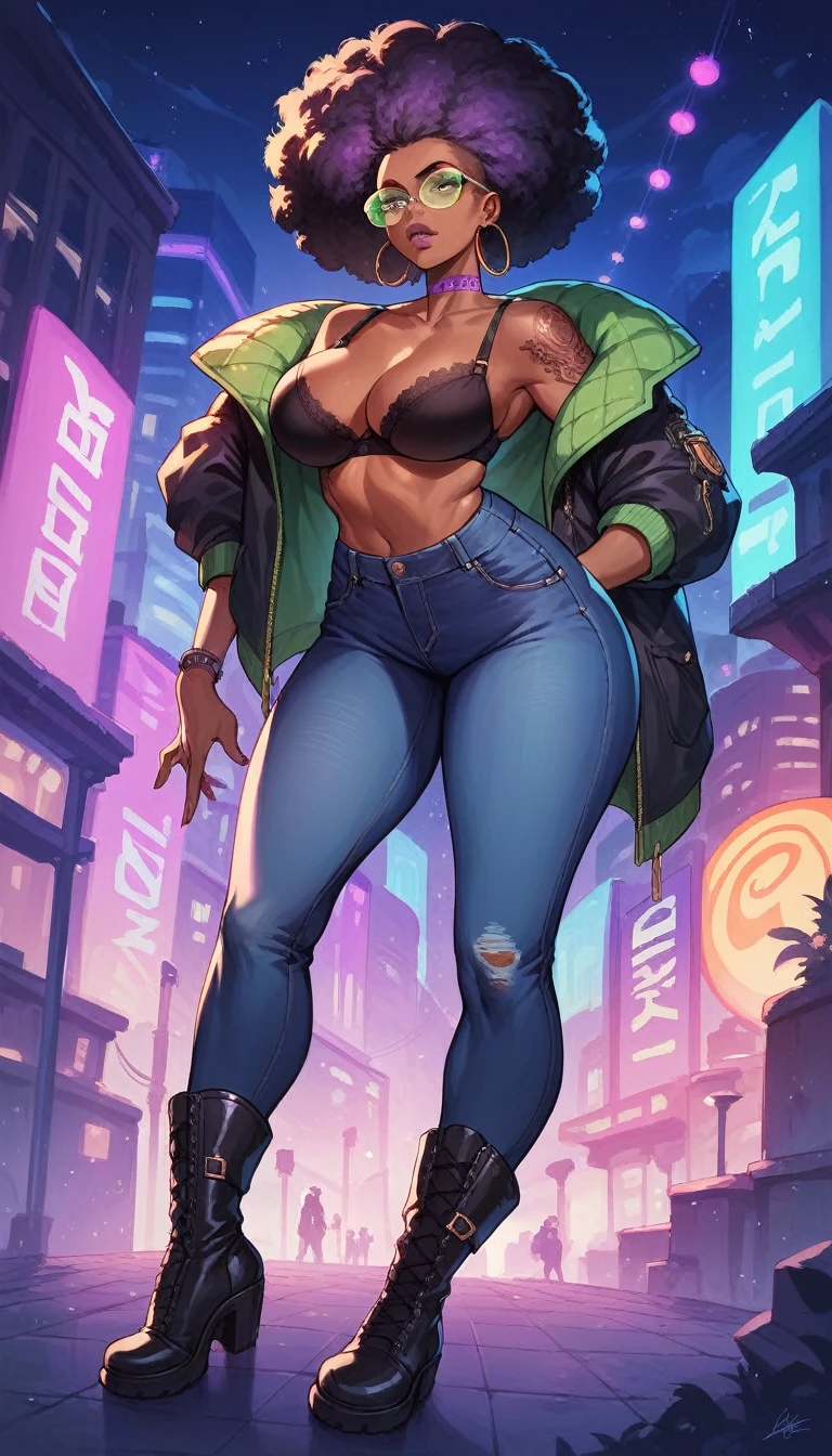 beautyful strong african woman, huge full afro purple hair, black jacket, black bra, black boots, hoop earring, green aviator glasses, purple chocker, dragon tattoo, night, purple lights, black jeans, full lips, city, closeup