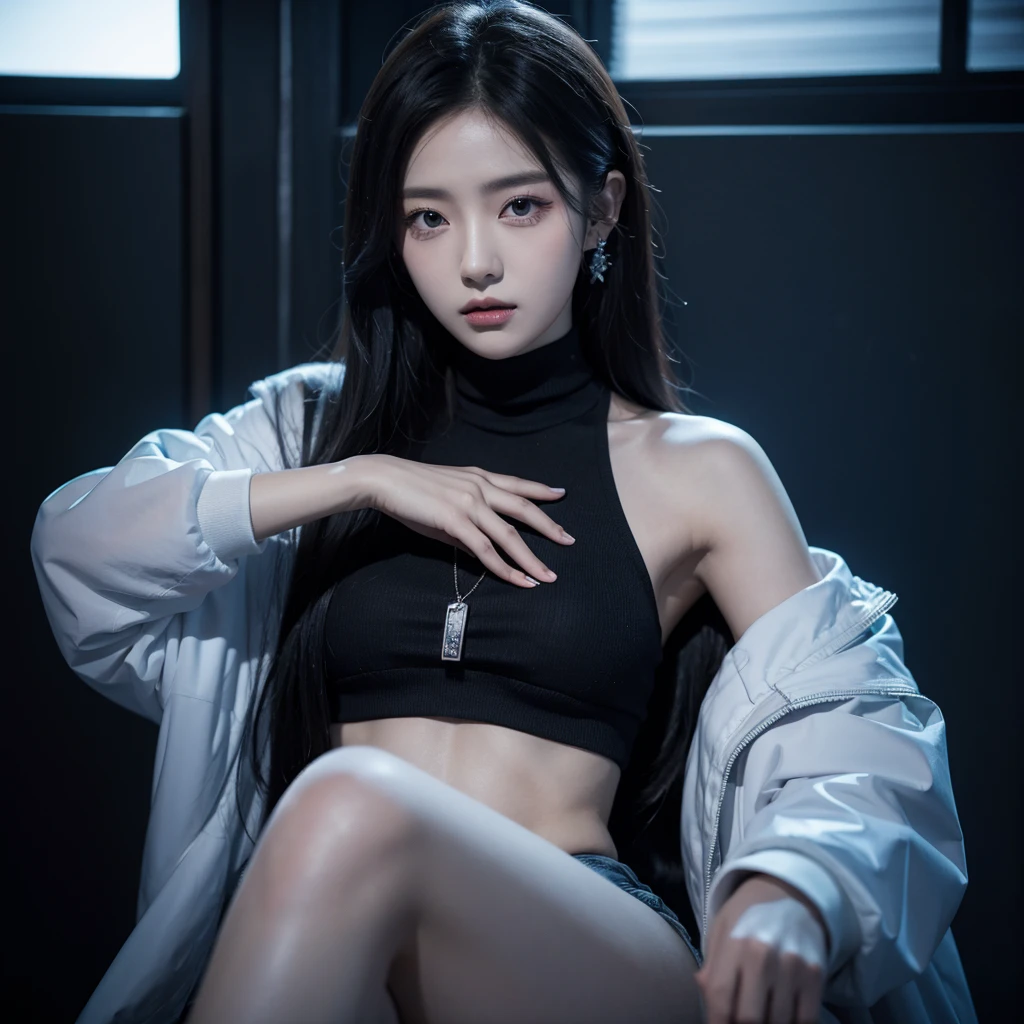 20-year-old woman, Black-haired, high contrast (Natural skin texture, Hyperrealism, Soft Ligh, sharp), high resolution, blue sport wear, pov, half body