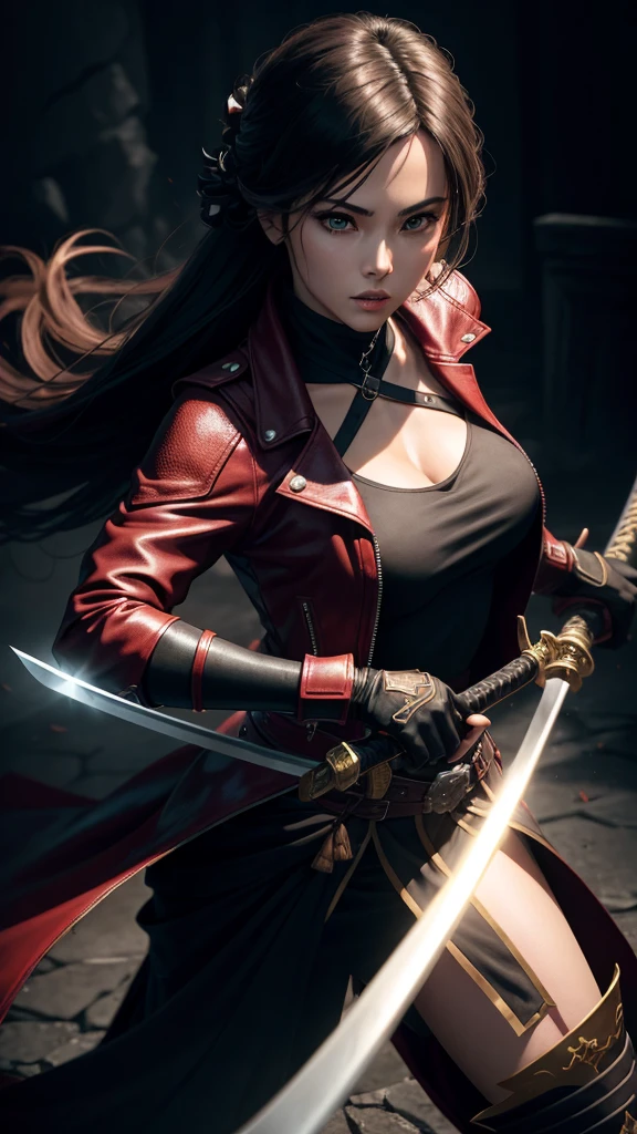 a woman holding a sword in a dark room, 2. 5 d cgi anime fantasy artwork, holding a black katana, stuning fantasy 3 d render, holding katana, unreal engine character art, unsheathing her katana, she is holding a katana sword, yasuke 5 0 0 px models, dramatic wielding katana pose, holding a katana, background color smoked, Red leather jacket.