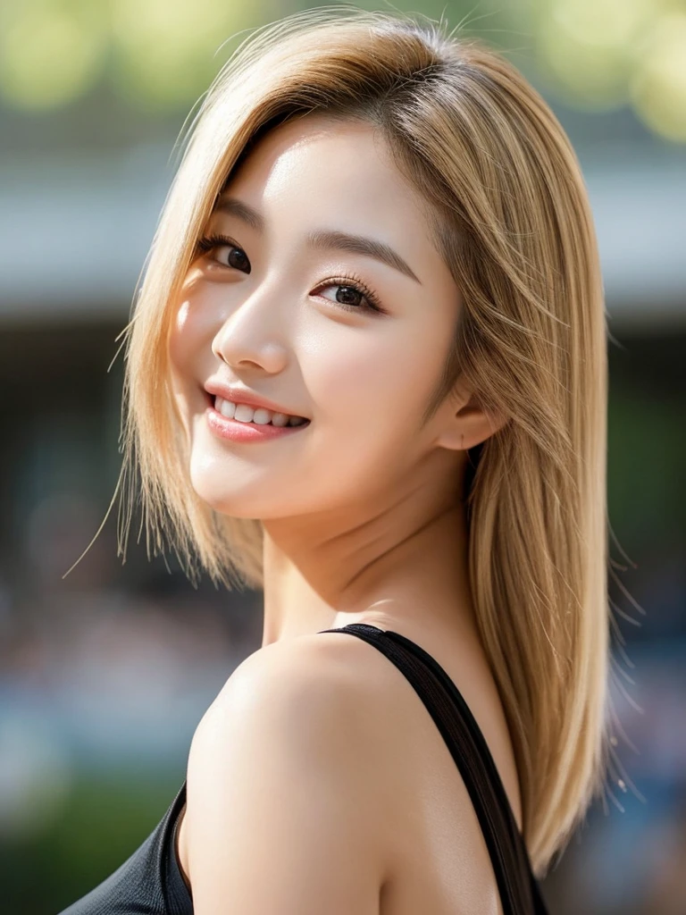 Kwon Eun-bi is a 28-year-old South Korean young adult. Wolfcut blonde hair. Her face is slightly shorter than it is long, her chin is rounded, and her forehead and jawline are soft and curved as well as having balanced proportional with a small sign on the right side of your lip and one above your nose. Large, brown eyes are expressive and captivating.
Clear, radiant skin. Charming shy smile, her curved lips and contagious smile light up her face.
Medium height and a natural body made up of proportional curves.
She wears a Black spaghetti strap dress that highlight her beauty, elegance and curves.