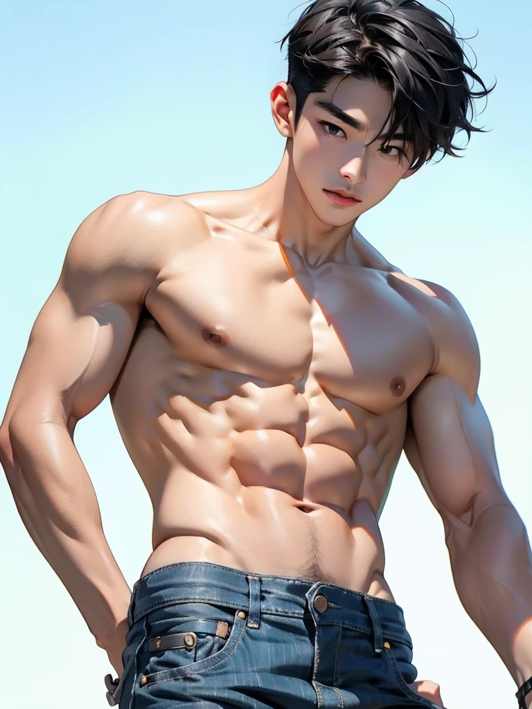 25 year old handsome korean, solo, (no shirt),no top wear ((show abs 6 pack)), black sagged jean,
