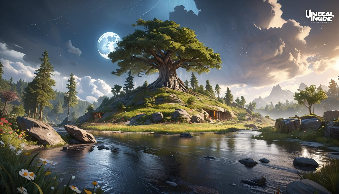 sky, cloud, moon, tree, flower, rain, Spectacular view, 16K, Unreal Engine, Octane Render, highest quality, ultra-high definition, Realistic, Photorealism, fantastic, digital art, artgerm, trending on artstation, uninhabited, concept art, exaggerated artistic expression, cinematic unrealistic style concept art, highly detailed, The size of the artifact is a realistic size balance compared to other objects around it,