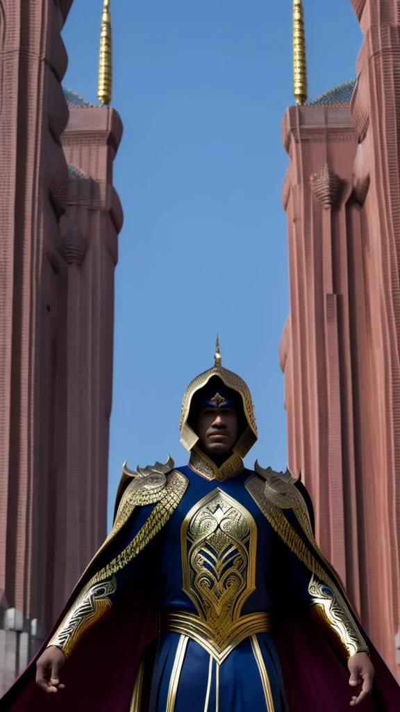 Photorealistic images of Indonesia's Acehnese superheroes, their sleek, Renaissance-inspired costumes, decorated with intricate traditional Acehnese patterns, look majestic against the backdrop of Aceh's Grand Mosque.  The superhero surveys the bustling city of Aceh, his powerful wings shadowing the iconic buildings
