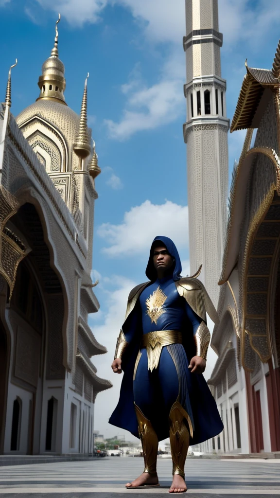 Photorealistic images of Indonesia's Acehnese superheroes, their sleek, Renaissance-inspired costumes, decorated with intricate traditional Acehnese patterns, look majestic against the backdrop of Aceh's Grand Mosque. The superhero surveys the bustling city of Aceh, his powerful wings shadowing the iconic buildings
