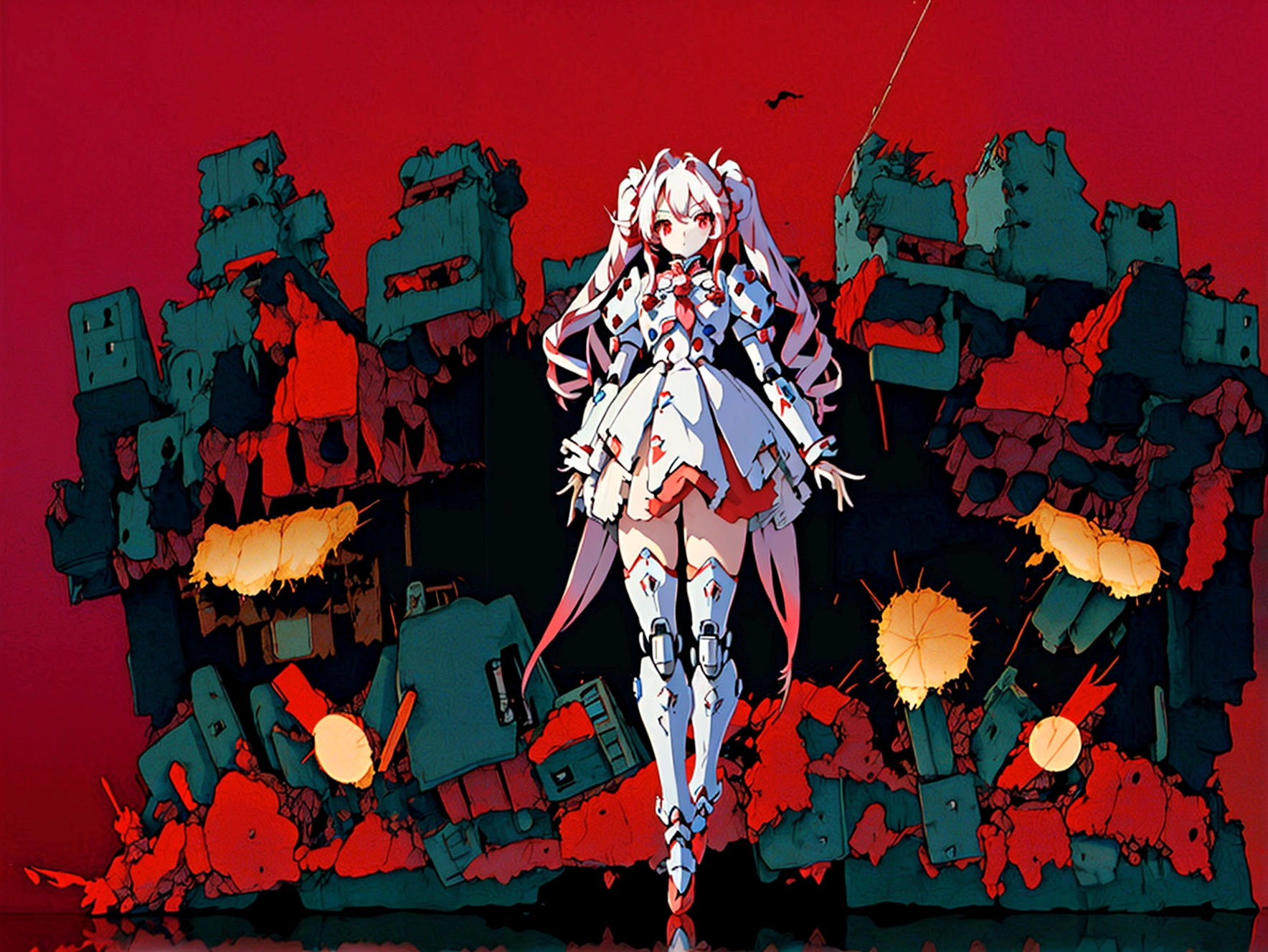 mecha style magical girl, White long hair styled in twintails, red eyes, wearing a crimson coloured Magical girl style mecha armor, full body in picture turned towards viewer, backround is a destroyed city