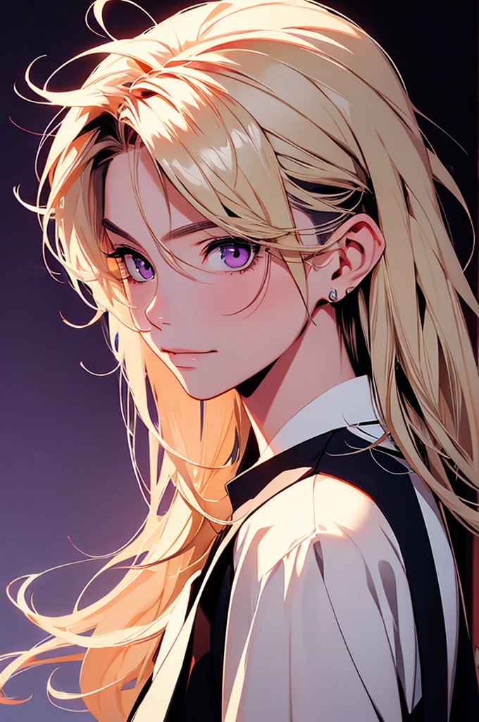 2d illustration, Anime, fine art portrait, in manhwa style, Bishamon from Noragami, 1 girl, blond hair, long hair, big hair, eye patch, pixie with undercut, draw up, purple eyes, Dutch corner, Beautiful, A high resolution, masterpiece, Best quality, high detail, high detailed eyes, Grain filter, {{confident smile}}, Detailed lips
