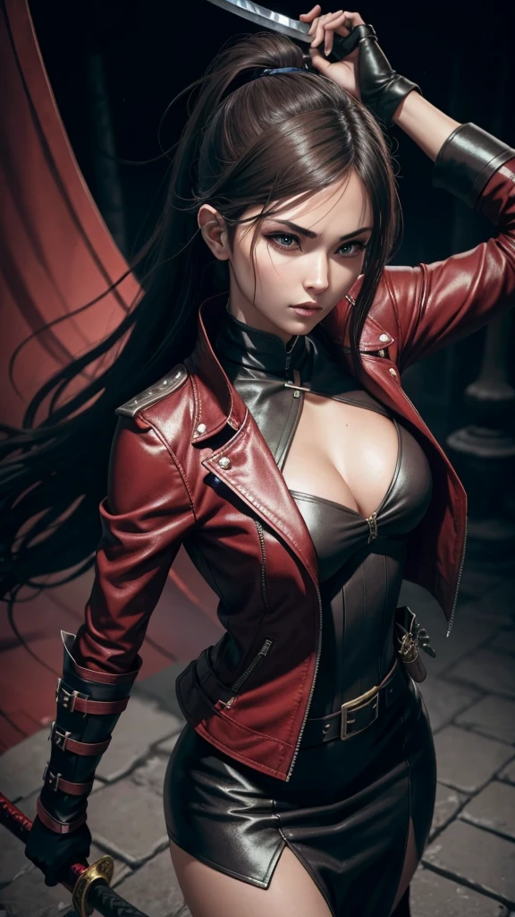 a woman holding a sword in a dark room, 2. 5 d cgi anime fantasy artwork, holding a black katana, stuning fantasy 3 d render, holding katana, unreal engine character art, unsheathing her katana, she is holding a katana sword, yasuke 5 0 0 px models, dramatic wielding katana pose, holding a katana, background color smoked, Red leather jacket. Big thighs.