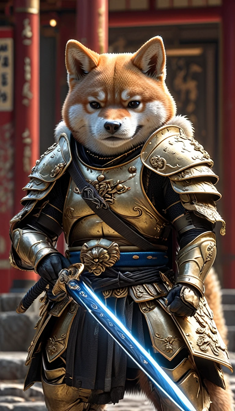 Close-up shot of a Shiba Inu, Shiba Inu Samurai,whole body, Holding a Japanese sword wrapped in black lightning，Wearing armor from the Sengoku period of Japan, Background of the Japan Temple, High resolution, masterpiece, Highest quality, Super detailed, Super detailed, Ultra-realistic,
 Japan style, 3D Fluffy, Cute and adorable close-ups, Cute big round reflective eyes, Long fuzzy fur, Pixar Rendering, unreal engine Cinematic smooth, Exquisite detail, Cinematic