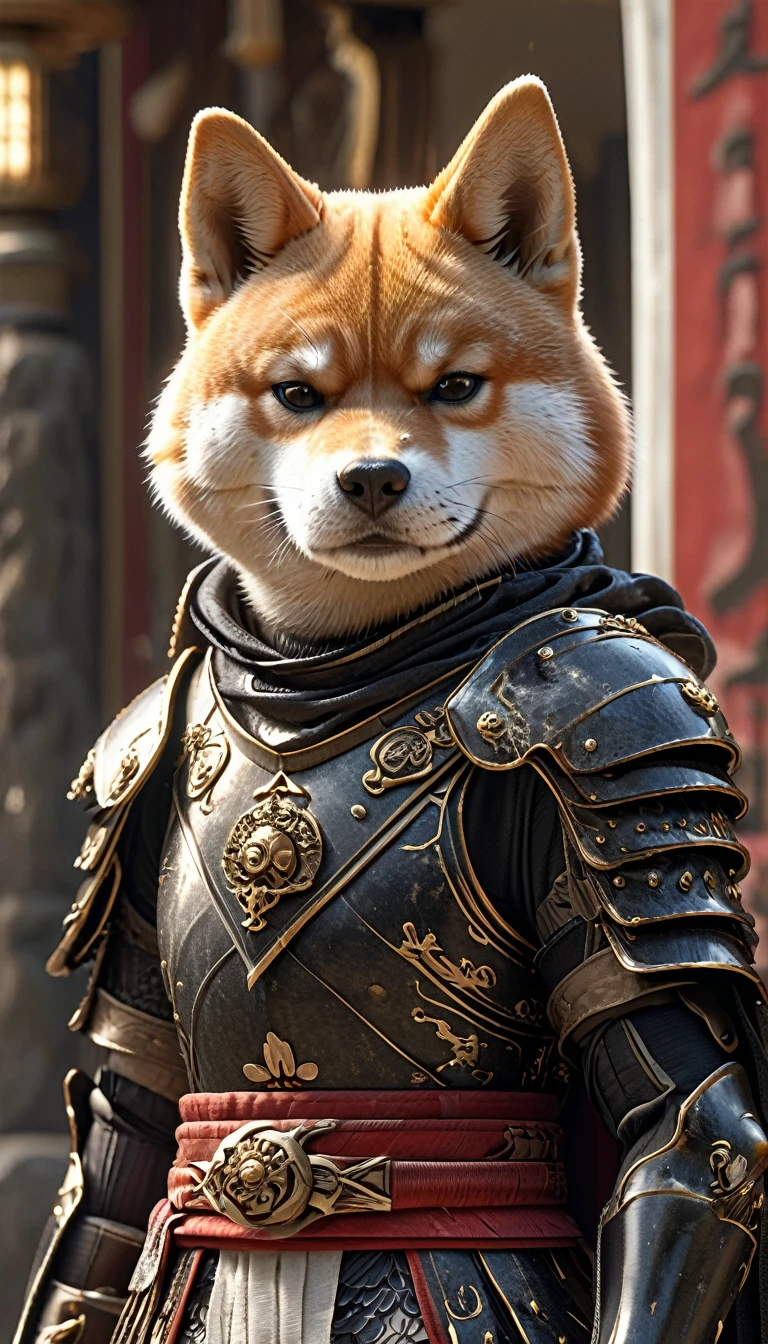 Close-up shot of a Shiba Inu, Shiba Inu Samurai,whole body, Holding a Japanese sword wrapped in black lightning，Wearing armor from the Sengoku period of Japan, Background of the Japan Temple, High resolution, masterpiece, Highest quality, Super detailed, Super detailed, Ultra-realistic,
 Japan style, 3D Fluffy, Cute and adorable close-ups, Cute big round reflective eyes, Long fuzzy fur, Pixar Rendering, unreal engine Cinematic smooth, Exquisite detail, Cinematic
