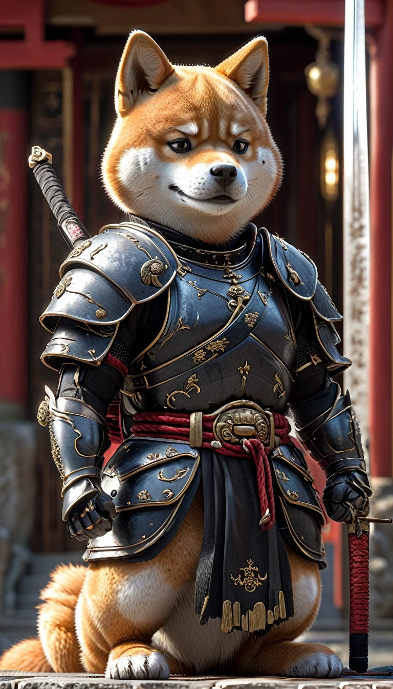 Close-up shot of a Shiba Inu, Shiba Inu Samurai,whole body, Holding a Japanese sword wrapped in black lightning,Wearing armor from the Sengoku period of Japan, Background of the Japan Temple, High resolution, masterpiece, Highest quality, Super detailed, Super detailed, Ultra-realistic,
Japan style, 3D Fluffy, Cute and adorable close-ups, Cute big round reflective eyes, Long fuzzy fur, Pixar Rendering, unreal engine Cinematic smooth, Exquisite detail, Cinematic