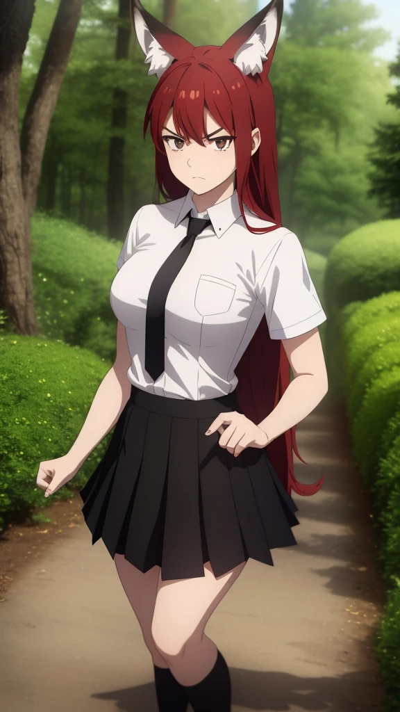 1girl ,20s,angry face,white shirt,short sleeves,(black standard tie),white school skirt,(red hair),long hair,fox ears,cowboy shot,forest