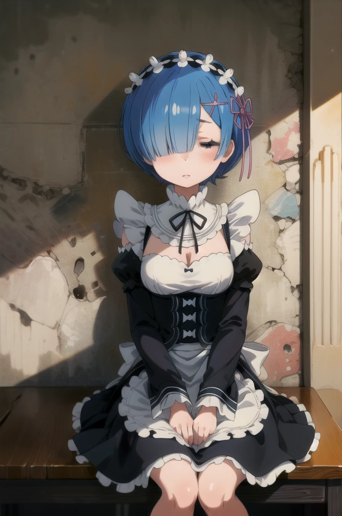 masterpiece,Best quality,1 girl,REM sleep,blue hair,short hair,hair over one eye,hair ornament,maid,sitting on the table,near the wall,closed eyes,sleep,USA,