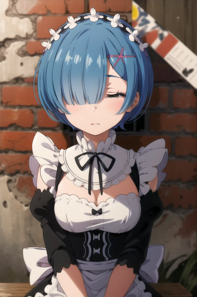 masterpiece,Best quality,1 girl,REM sleep,blue hair,short hair,hair over one eye,hair ornament,maid,sitting on the table,near the wall,closed eyes,sleep,USA,