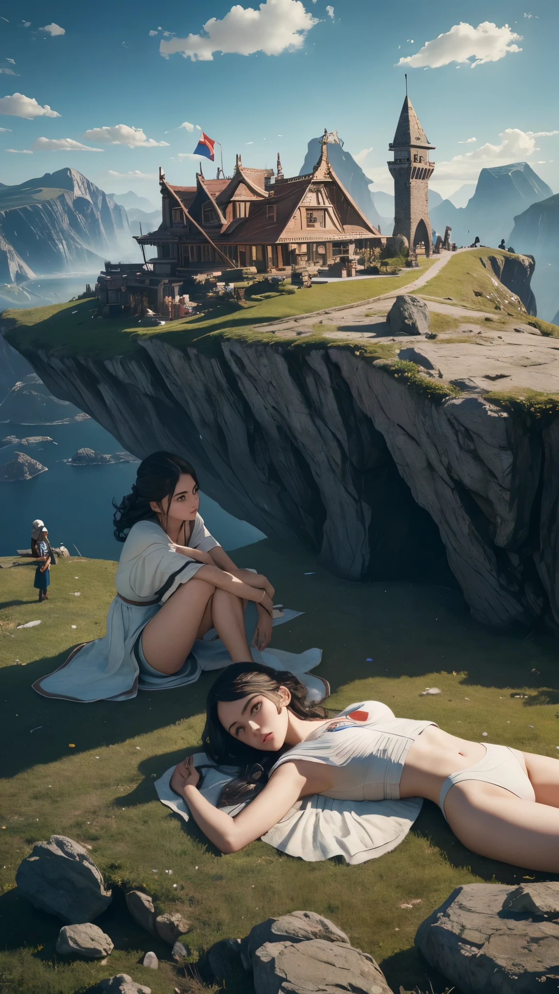 a woman lying on the ground, perched on her lap, Gulliver's Travels, Gulliver's Travels, maurizio cattelan, detailed concept photography, sports creative image composition, surreal object photography, by Storm Thorgerson, surreal nightmare scene, miniature photography , stills from God of War, by Leandro Erlich, terry gilliam, little people!! !, manipulation.fan bing bing.Beautiful giant girl. Big thighs.