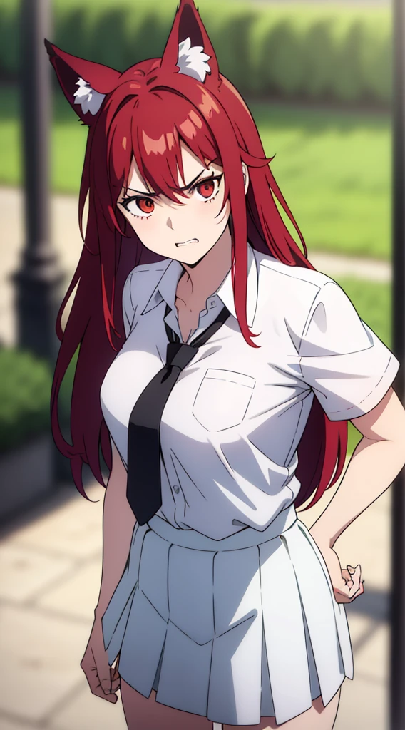 1girl ,20s,angry face,white shirt,short sleeves,(black standard tie),white school skirt,(red hair),long hair,fox ears,cowboy shot,forest