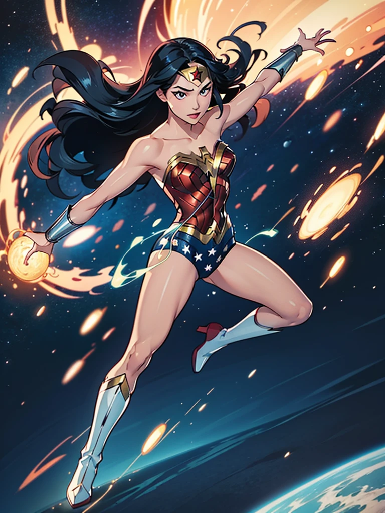1girl, wonder woman, leotard, bare legs, boots, gloves, space, solo, single, spread arms, standing, (spinning) like a (tornado), light particles, sparkling, super speed, solo, single, speed lines